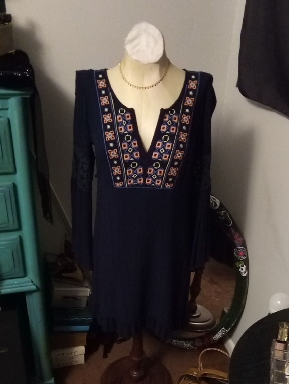 Embroidered Navy Long-Sleeve Boho Tunic Dress